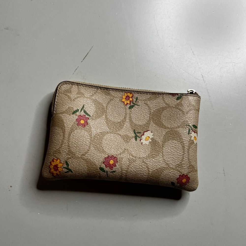Coach Signature Canvas Wildflower Floral Print Small Wristlet Pouch Tan Gold